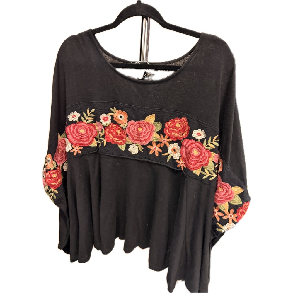 Savanna Jane Black Floral Embroidered Dolman Sleeve Top Plus Size 1X 2X Boho